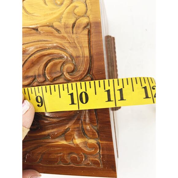 Vintage 50s 60s Wooden Jewelry Box Carved with Mirror Inside - Picture 9 of 10